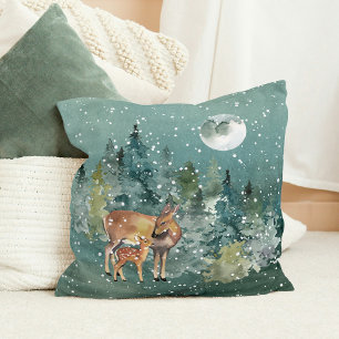 Dos and Fawn Deer in Forest Full Moon Snowfall Kissen