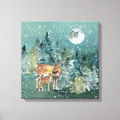 Dos and Fawn Deer in Forest Full Moon Snowfall Leinwanddruck (Vorderseite)