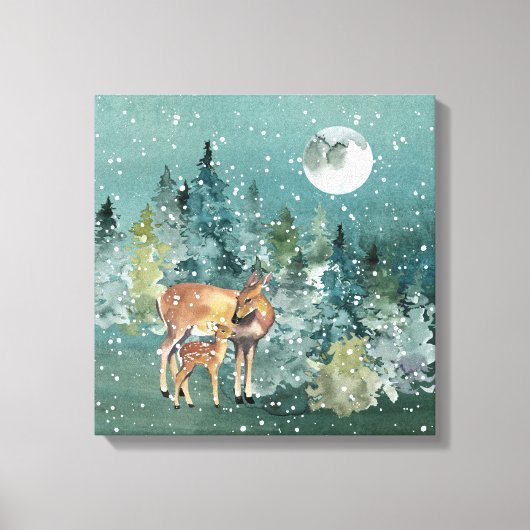 Dos and Fawn Deer in Forest Full Moon Snowfall Leinwanddruck (Vorderseite)