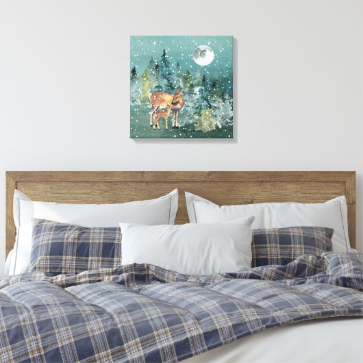Dos and Fawn Deer in Forest Full Moon Snowfall Leinwanddruck (Insitu (Schlafzimmer))