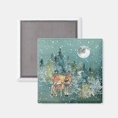 Dos and Fawn Deer in Forest Full Moon Snowfall Magnet (Vorderseite/Rückseite)