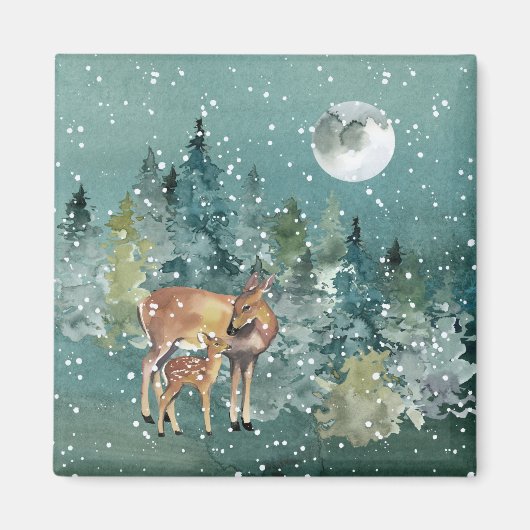 Dos and Fawn Deer in Forest Full Moon Snowfall Magnet (Vorne)