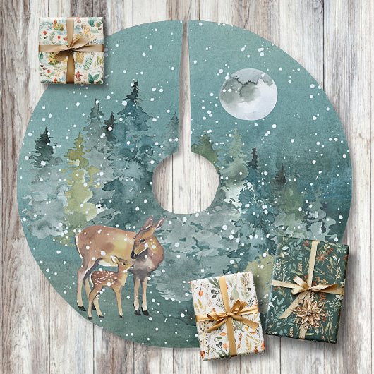 Dos and Fawn Deer in Forest Full Moon Snowfall Polyester Weihnachtsbaumdecke
