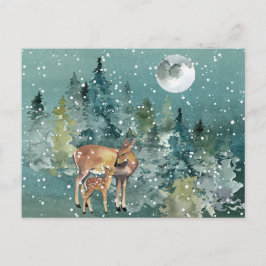 Dos and Fawn Deer in Forest Full Moon Snowfall Postkarte