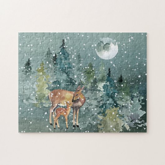 Dos and Fawn Deer in Forest Full Moon Snowfall Puzzle (Horizontal)