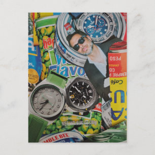 Dosen-Uhren-Essen-und-Mann-Collage-Postkarte Postkarte