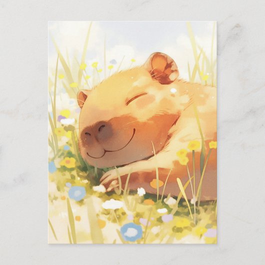 Dösender Capybara auf einer sonnigen Wildblumen-So Postkarte (Vorderseite)