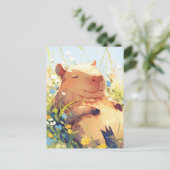 Dösender Capybara auf sonniger Wildblumen-Sommerwi Postkarte (Stehend Vorderseite)