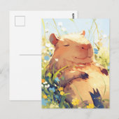 Dösender Capybara auf sonniger Wildblumen-Sommerwi Postkarte (Vorne/Hinten)