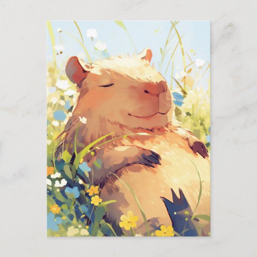 Dösender Capybara auf sonniger Wildblumen-Sommerwi Postkarte (Vorderseite)