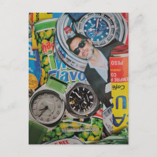 Dosenfood-Uhren und Mann-Collage-Postkarte Postkarte
