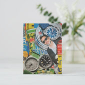 Dosenkost Uhren und Mann Collage Postkarte (Stehend Vorderseite)