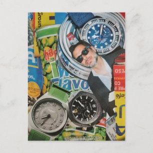 Dosenkost Uhren und Mann Collage Postkarte