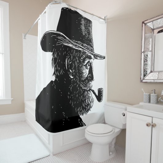 Dot-and-Line-Portrait: Kleiner alter Mann rauchen  Duschvorhang (Beispiel)