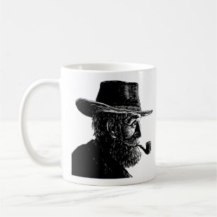 Dot-and-Line-Portrait: Kleiner alter Mann rauchen Kaffeetasse