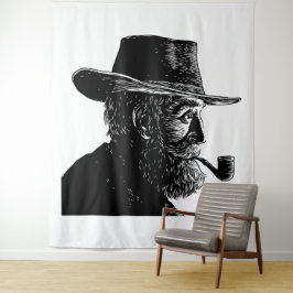 Dot-and-Line-Portrait: Kleiner alter Mann rauchen Wandteppich