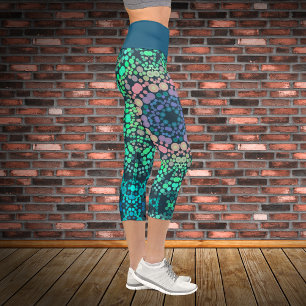 Dot Mandala Blume Blau Grün und Rosa Capri Leggings