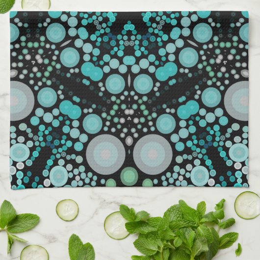 Dot Mandala Blume Blue Green und Grau Geschirrtuch (Gefaltet)