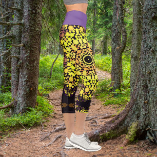 Dot Mandala Blume Gelb Lila und schwarz Capri Leggings