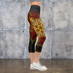 Dot Mandala Blume Gelb rot und schwarz Capri Leggings