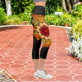 Dot Mandala Blume Gelb und Rot Capri Leggings