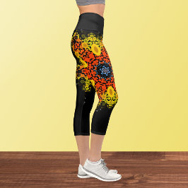 Dot Mandala Blume Gelborange und Blau Capri Leggings