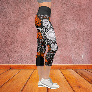 Dot Mandala Blume Weiß Orange und Schwarz Capri Leggings