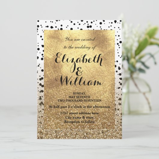 Dots Confetti und Imitate Golddesign Einladung (Stehend Vorderseite)