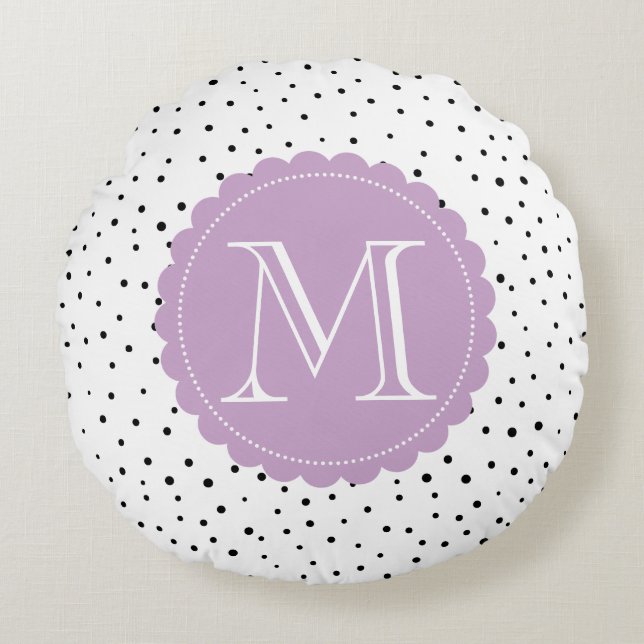 Dots Lilac Monogram Round Rundes Kissen (Vorderseite)