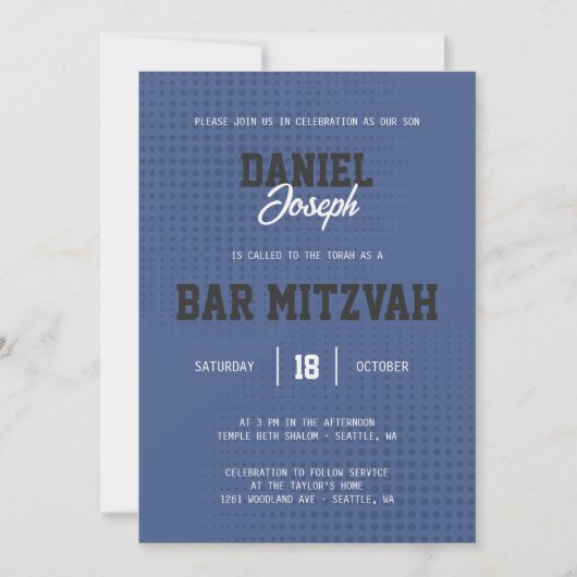 Dots Sport Blue Bar Mitzvah Einladung (Vorderseite)