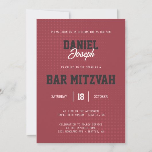 Dots Sport Maroon Bar Mitzvah Einladung (Vorderseite)