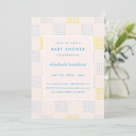 Dots & Squares Pink & Blue Baby Shower Invitation Einladung (Stehend Vorderseite)