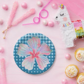 Dotted Aquamarin Blue mit Hibiskus Pappteller (Party)