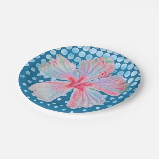 Dotted Aquamarin Blue mit Hibiskus Pappteller (Schrägansicht)