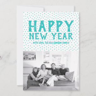 Dotted Happy New Year Foto Card Türkis Feiertagskarte
