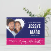Dotted Heart Foto Save the Date Marine Fuschia (Stehend Vorderseite)