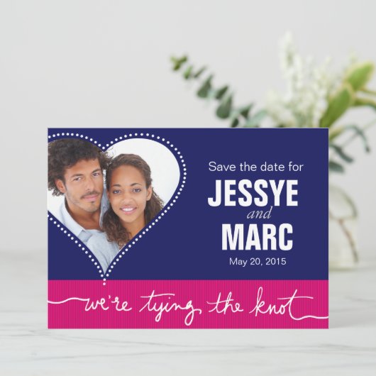 Dotted Heart Foto Save the Date Marine Fuschia (Stehend Vorderseite)