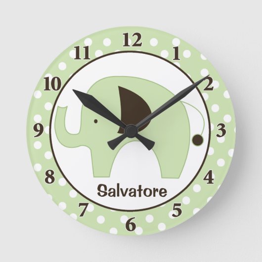 Dottie Elephant Personalized Wall Clock (Green) Runde Wanduhr (Vorderseite)
