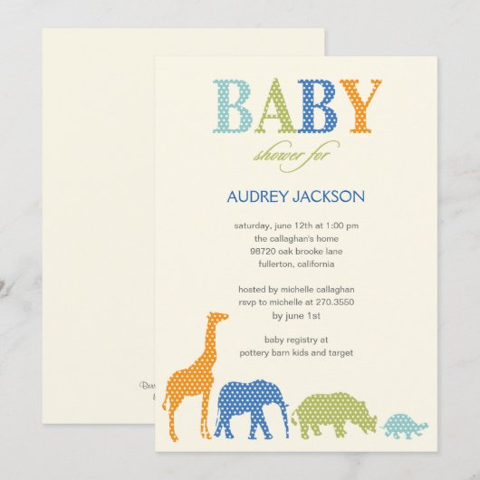 Dotty Animals Baby Shower Einladung - Blue (Vorne/Hinten)