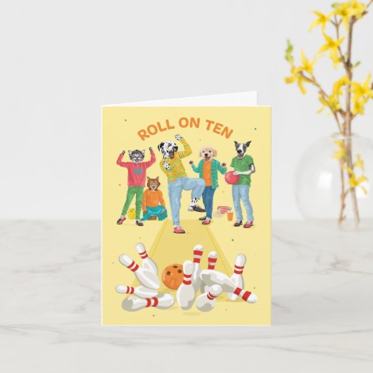 Dotty Dog Roll auf 10 Button Bowling Zenth Geburts Karte (Gelbe Blume)
