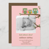 Dotty Owls Baby Girl Birth Ankündigung (Vorne/Hinten)