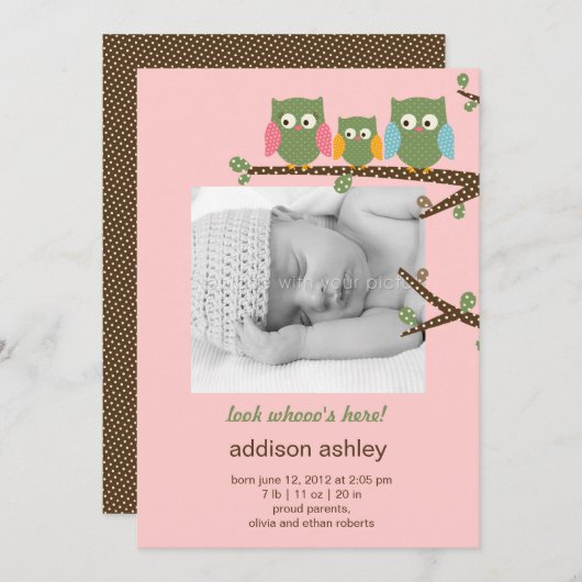 Dotty Owls Baby Girl Birth Ankündigung (Vorne/Hinten)