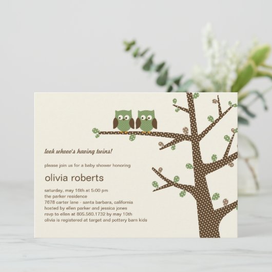 Dotty Owls Twins Kinderdusche Einladung (Stehend Vorderseite)