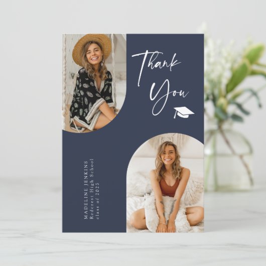 Double Arch Navy Blue Abschluss Foto Vielen Dank Dankeskarte (Stehend Vorderseite)