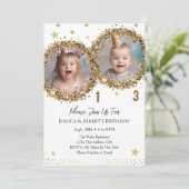 Double Birthday Gold Glitzer Kinder Foto Einladung (Stehend Vorderseite)