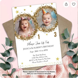 Double Birthday Gold Glitzer Kinder Foto Einladung