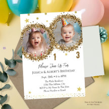 Double Birthday Gold Glitzer Kinder Foto Einladung