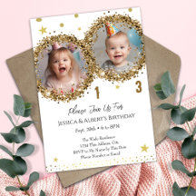 Double Birthday Gold Glitzer Kinder Foto Einladung