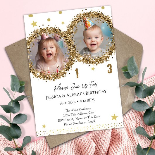 Double Birthday Gold Glitzer Kinder Foto Einladung