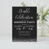 Double Celebration Black Silver Geburtstagsparty Einladung (Stehend Vorderseite)